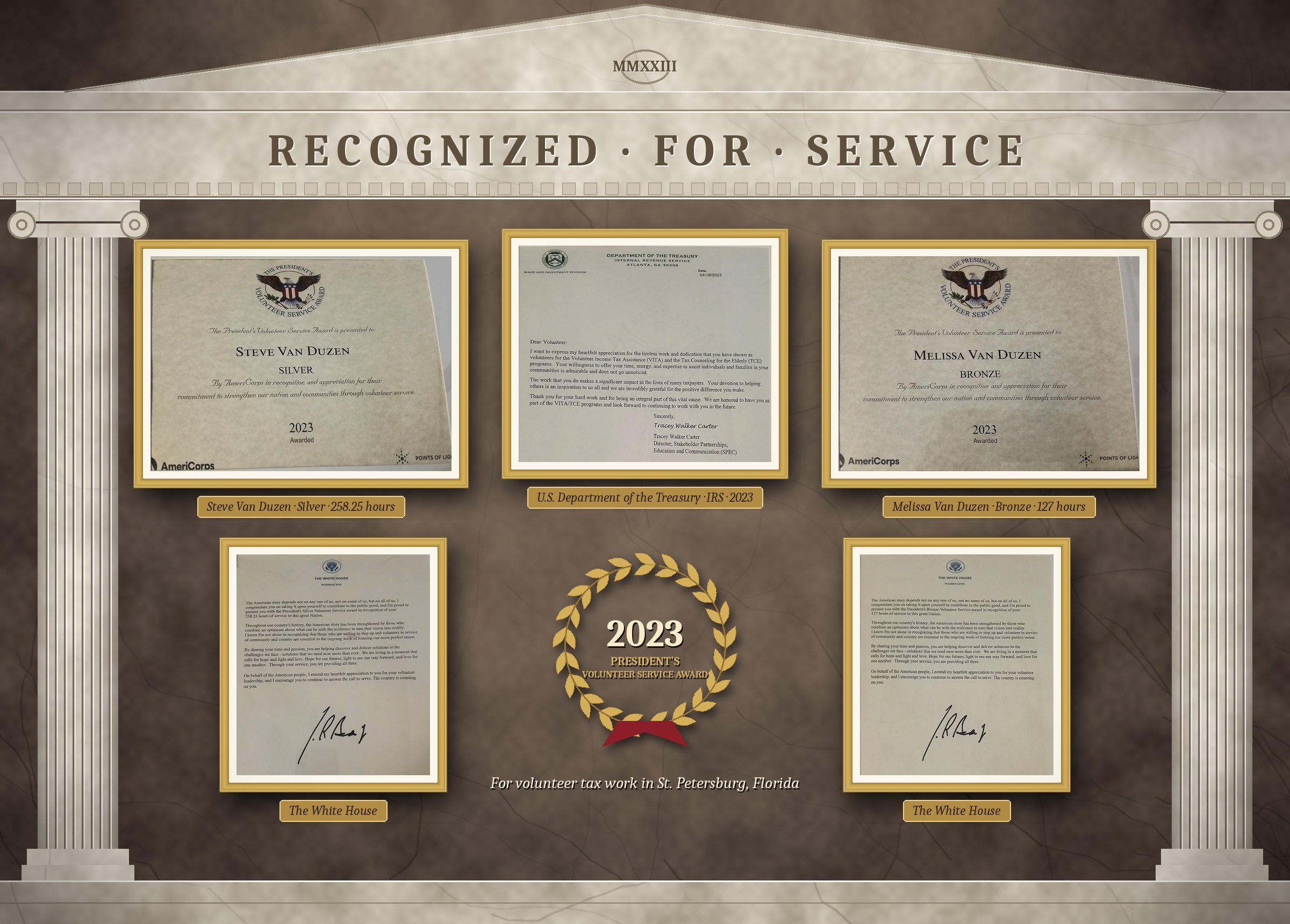 President's Volunteer Service Award certificates for Steve Van Duzen (Silver) and Melissa Van Duzen (Bronze), 2023, with thank-you letters from the White House and the IRS for their volunteer tax work.